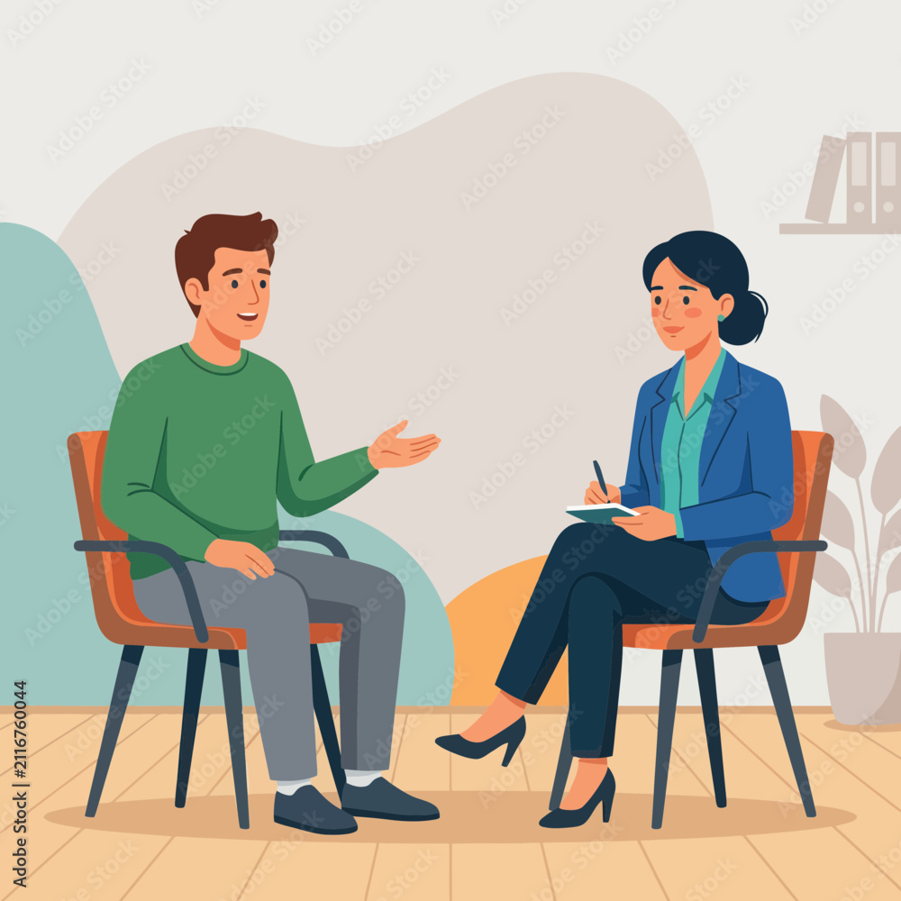 Obraz premium Therapy session with a psychologist and patient discussing problems in a calm office setting.