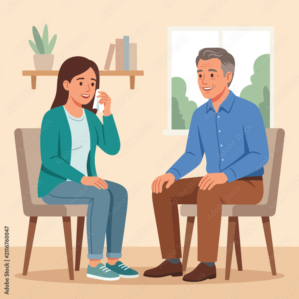 Fototapeta premium Therapy session with a young woman and an older man, vector illustration. Emotional support, counseling, trust.