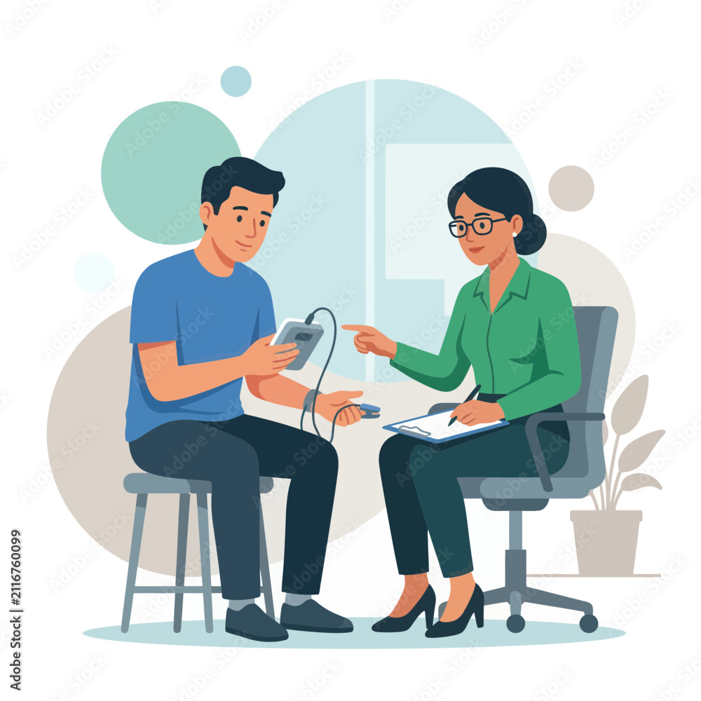 Obraz premium Therapist monitors patient's vital signs with device during session, vector illustration