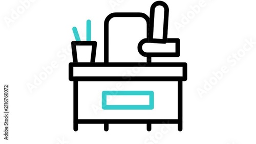 Animated study office desk with books and chair icon loop motion graphic, classroom education and work from home setup symbol, isolated on white background