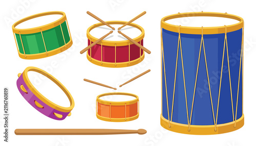Fotografie Musical drum vector set with colorful snare drums big bass drum tambourine and w