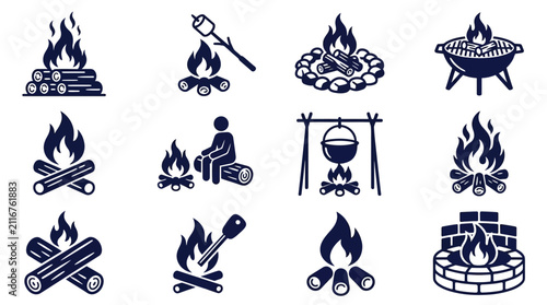 Set of campfire icons showing various outdoor cooking and camping fire activities 