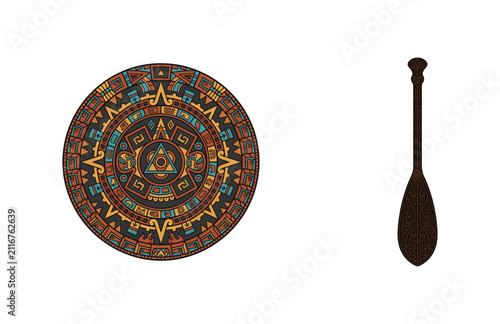 Aztec sun stone calendar round vector illustration with traditional geometric tribal patterns