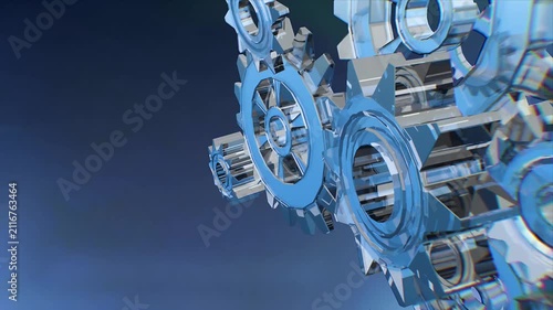 Blue Glass Gears Mechanism 3D Render on Glowing Blue Background — Business Technology Concept