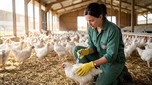 Female Veterinarian Vaccinating a White Chicken with a Syringe in a Poultry Farm Production Facility