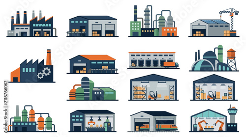 Industrial Manufacturing Facilities Icon Set.
