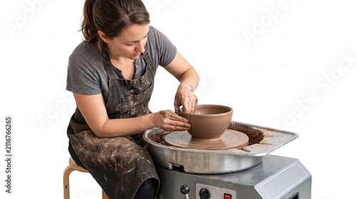 A woman with a focused expression is shaping clay on a pottery wheel, her hands expertly molding the material into a bowl. She wears a dark apron, speckled with clay.