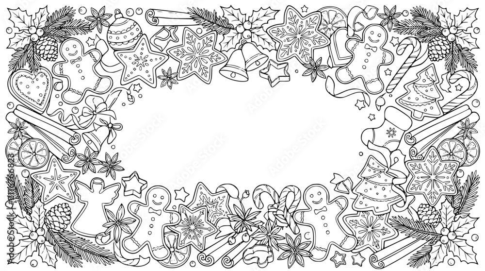 Obraz premium Christmas gingerbread and winter sweets hand drawn doodle border frame