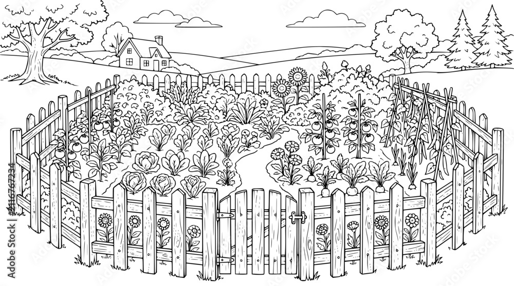 Fototapeta premium Vegetable Garden Coloring Page with House and Picket Fence