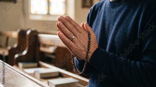 A person with folded hands holding a rosary in a church, in a state of prayer. 
