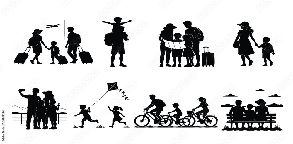 Obraz premium Family Traveling Together Black Silhouette Icon Set Collection