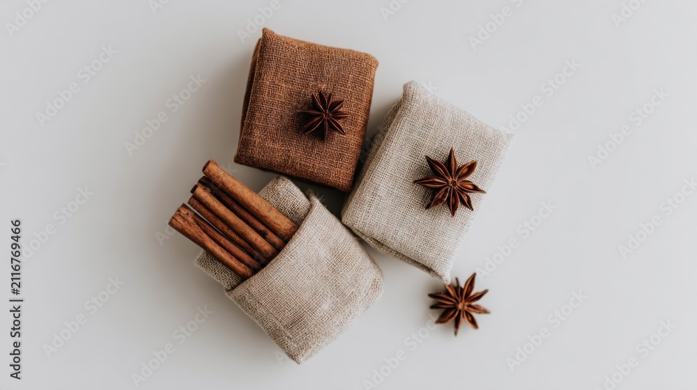 Fototapeta premium Overhead view of spices arrangement with cinnamon sticks and star anise