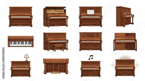 Foto Collection of vintage wooden grand and upright pianos.