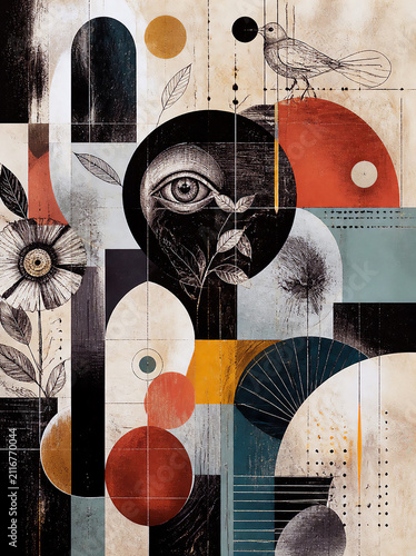 contemporary artwork based on the fusion of:
Abstract Art,
Midcentury Modern Design,
Doodle Art,
Scratch Art,
Pen and Ink Illustration.