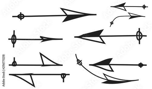 Set of hand-drawn black arrow silhouettes with crosshair symbols