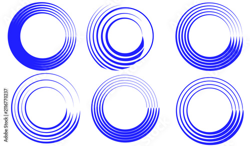 Set of six blue concentric circular line patterns on a white background