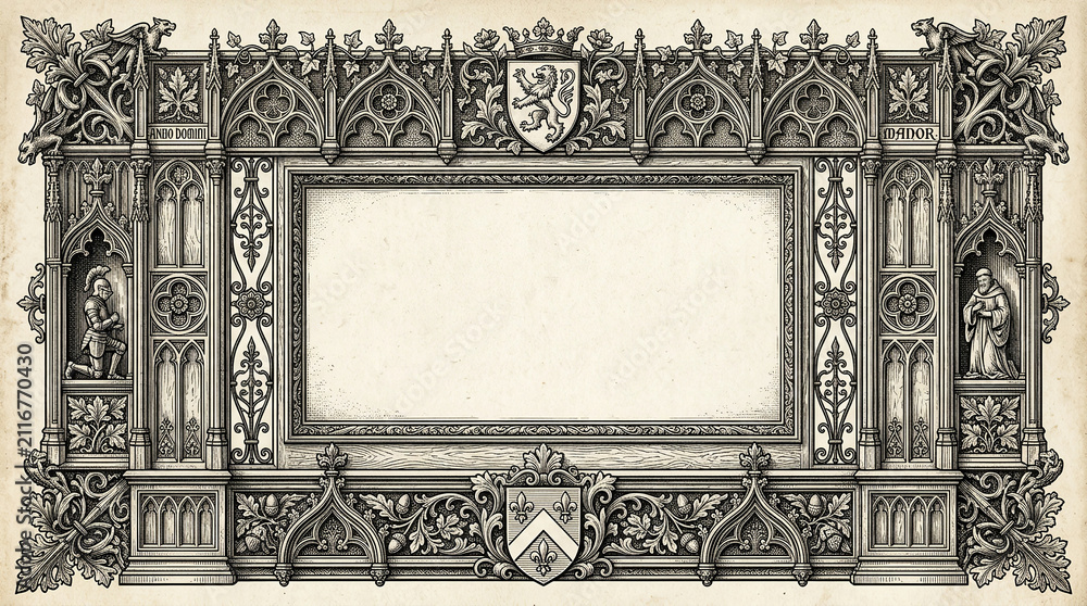 Fototapeta premium Medieval stone carving frame featuring knight and monk statues with heraldic lion crest.