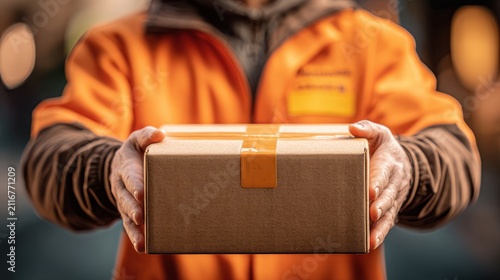 Delivery person holding a cardboard box with packaging tape ready to ship