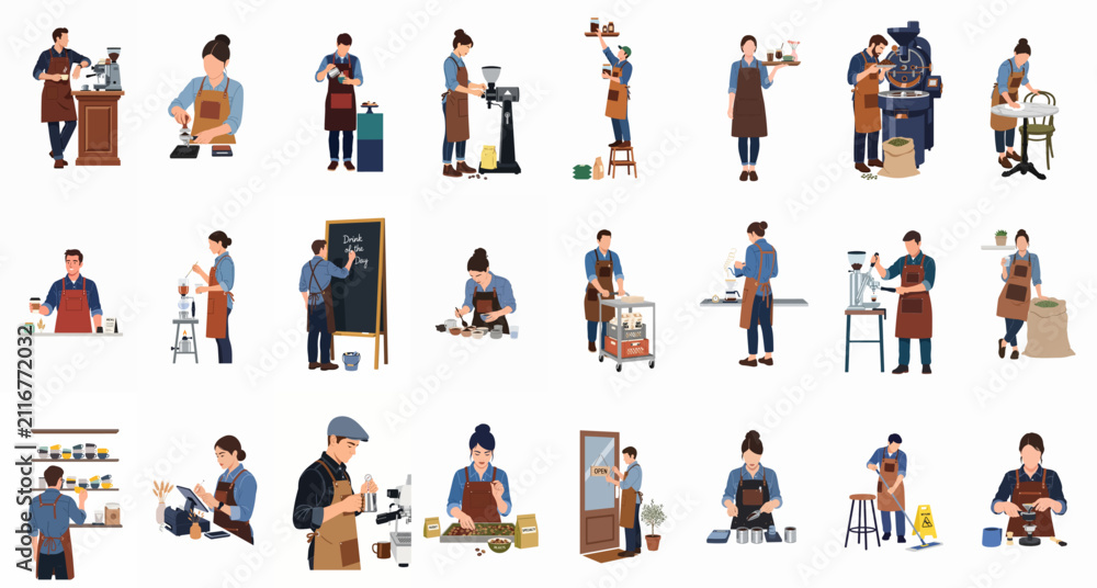 Fototapeta premium Large collection of diverse barista characters and coffee shop staff performing daily professional tasks in a modern flat vector illustration style.