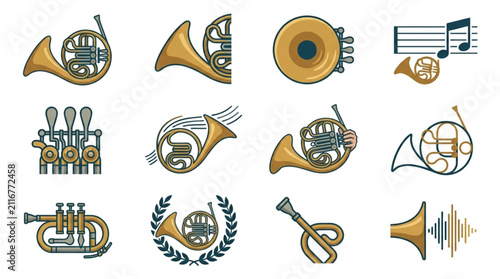 Foto Colorful French Horn and Musical Instrument Icons Set.