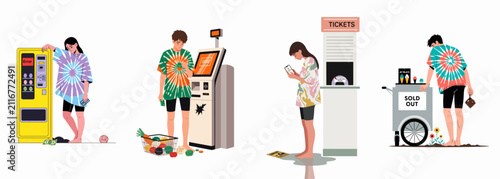 Illustration set of frustrated people experiencing various failures with vending machines, self-checkout, ticket booths, and sold-out products in a modern flat style.
