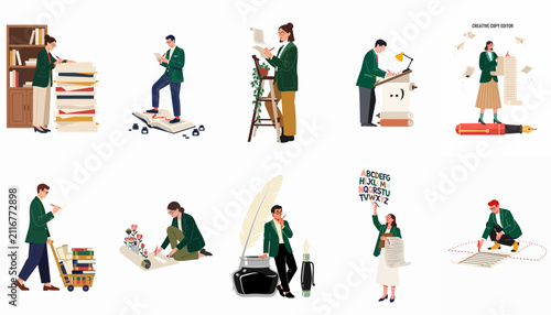 Obraz na płótnie Vector Illustrations of Creative Copy Editors and Writers Engaged in Various Editorial, Writing, and Publishing Activities with Books and Manuscripts