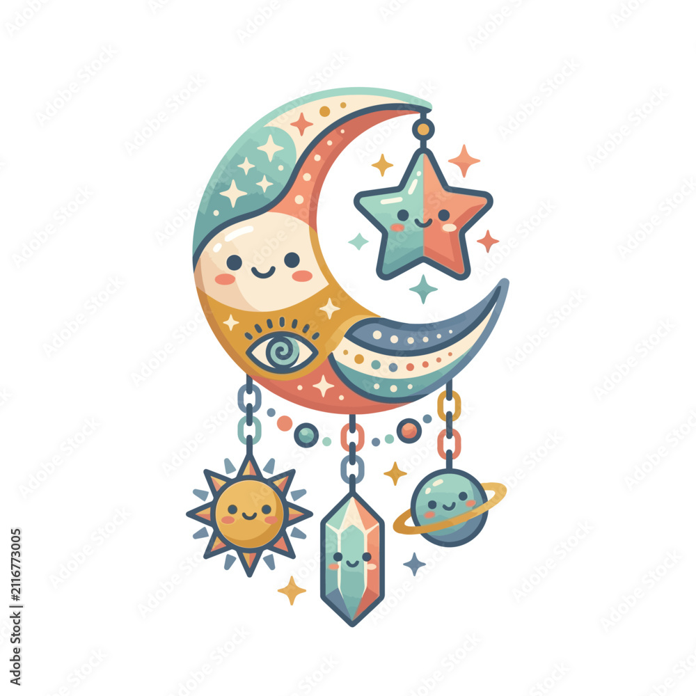 Fototapeta premium Cute Celestial Moon and Planet Mobile Illustration