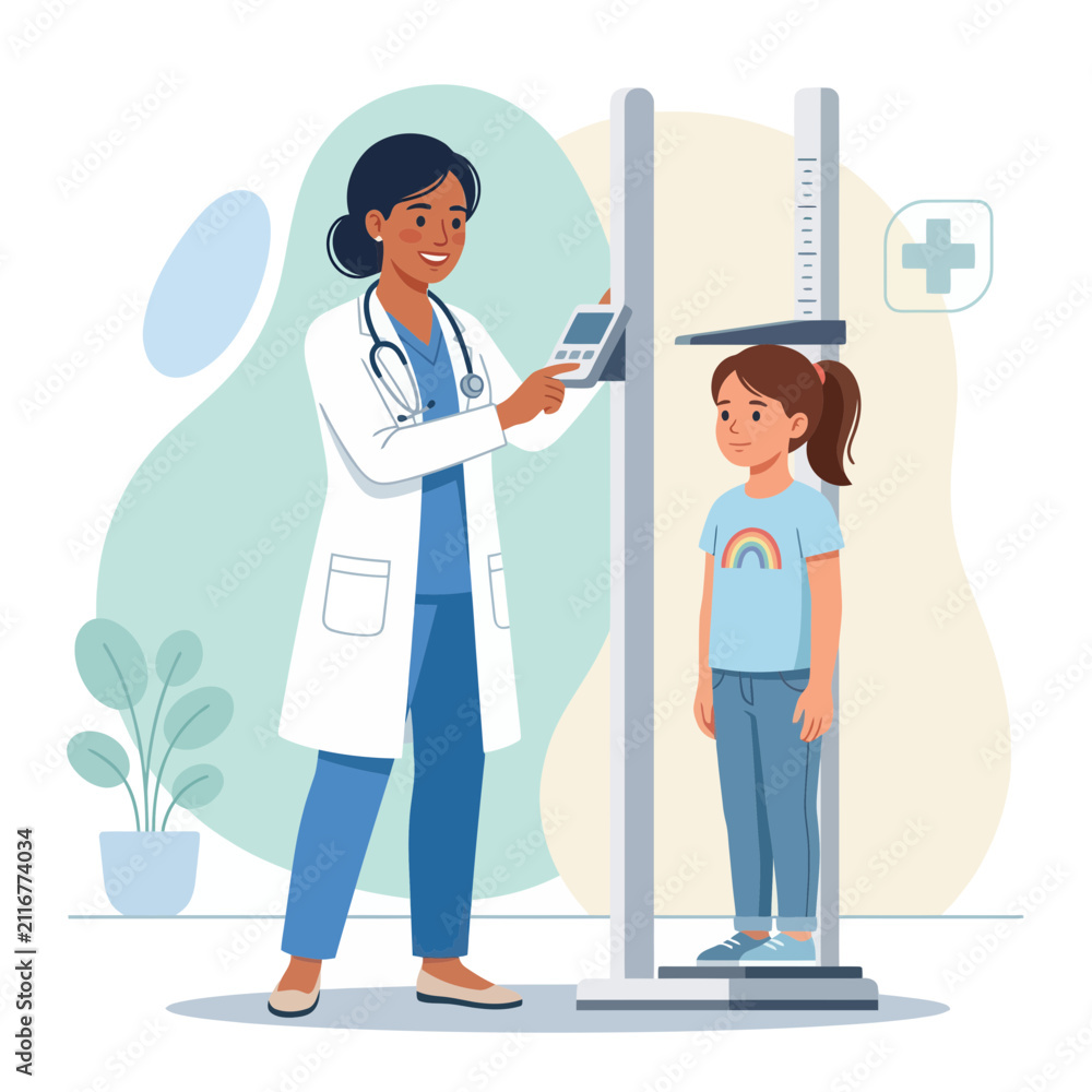 Fototapeta premium Doctor measuring child's height using stadiometer, pediatric healthcare checkup, vector illustration