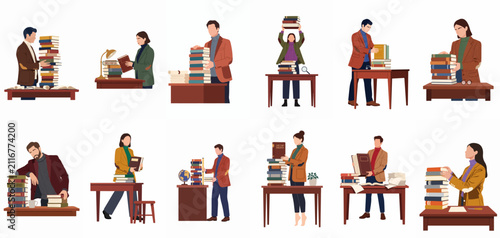 Flat vector illustration set of diverse people studying, researching, and organizing stacks of books on desks in a library or academic setting.