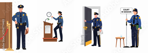 фотографія Illustration set of police officers and bailiffs performing duties in a courtroom environment, including security, door opening, and court in session notice