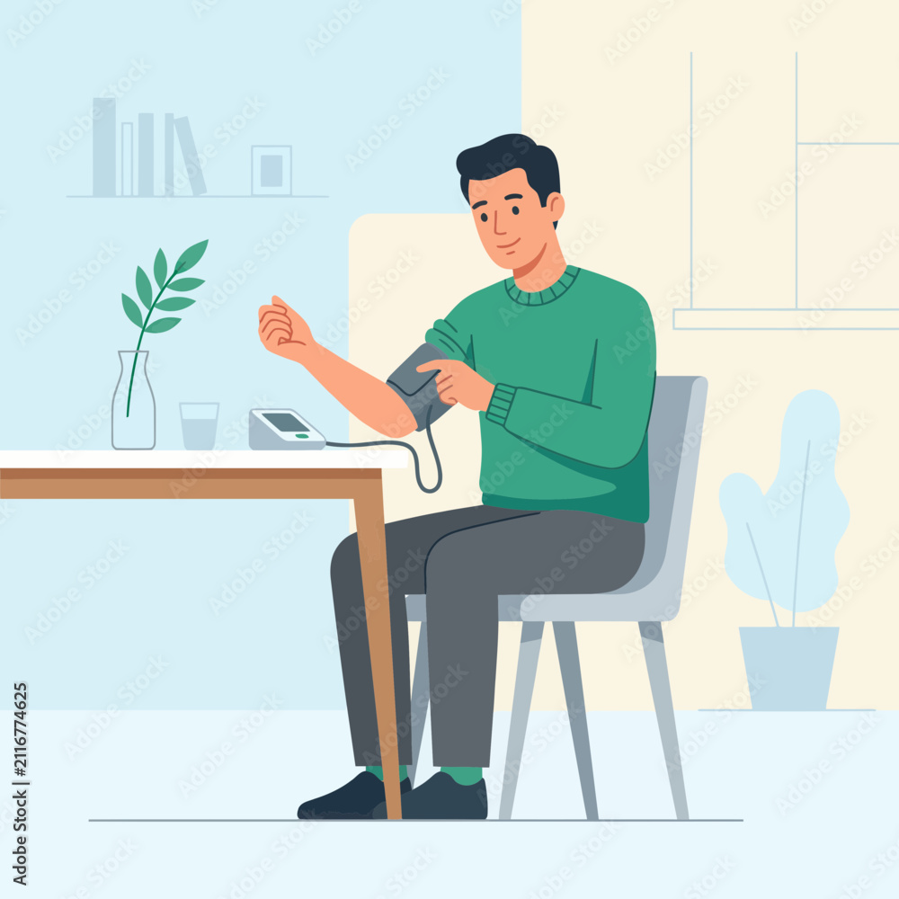 Fototapeta premium Man checking blood pressure at home, flat vector illustration of health monitoring and self-care