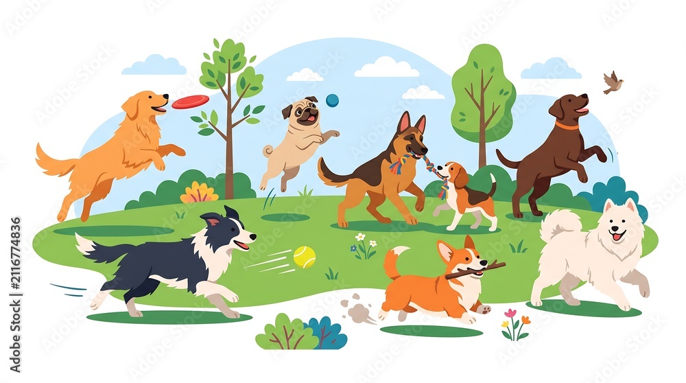 Fototapeta premium Happy Dogs Playing Together in a Park on a Sunny Day with Green Grass and Trees