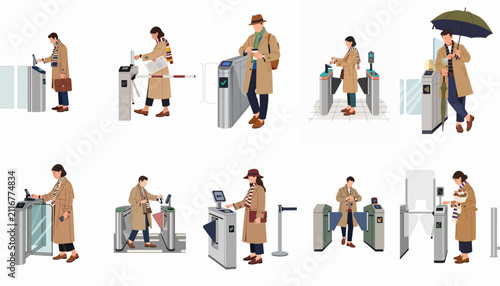 Flat vector illustrations of stylish people in autumn coats using modern ticket gates and turnstiles at a subway or train station.