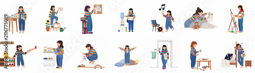 Illustration set of a young girl with autism using Picture Exchange Communication System (PECS) cards for daily routines and activities.