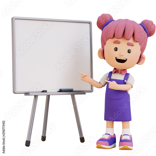 3D Cute Girl Pointing at Whiteboard Explaining Lesson Concept