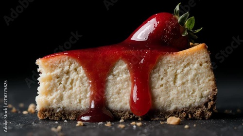  classic cheesecake slice as a thin stream of strawberry sauce slowly flows across the surface