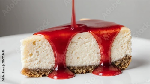  classic cheesecake slice as a thin stream of strawberry sauce slowly flows across the surface