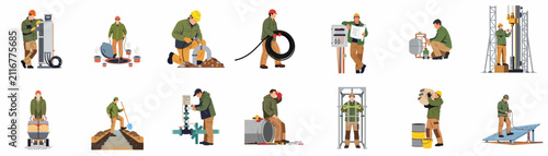 Foto Collection of diverse industrial and construction worker illustrations performing various installation, maintenance, and manual labor tasks on a white background