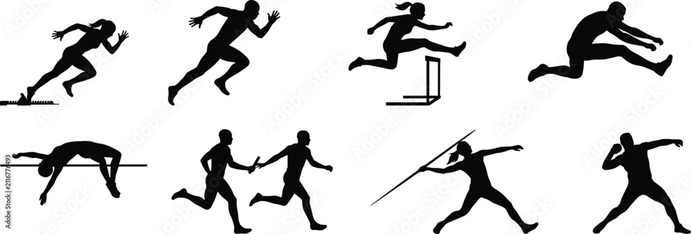 Fototapeta premium Athlete Silhouette Vector Set Depicting Track And Field Running Jumping And Throwing Events