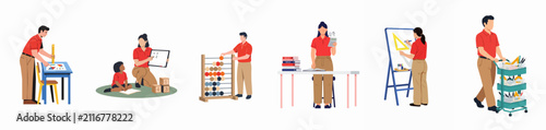 Collection of diverse teachers and educators teaching mathematics, arithmetic, and geometry using various tools and equipment in a classroom setting.
