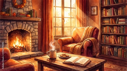 Cozy autumn living room with fireplace and armchair watercolor
