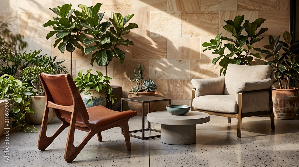 Fototapeta premium Modern Patio Interior Design with Wooden Chair and Potted Plants