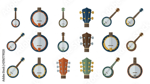 Cuadro en lienzo Colorful Banjo and Guitar Collection Flat Design.