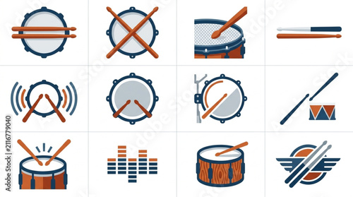 Cuadro en lienzo Colorful drum and percussion instrument icons set.