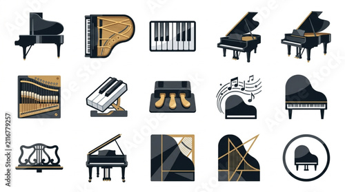 Foto Collection of various piano illustrations and icons.