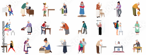 Foto Vector set of elderly women and young girls engaged in domestic chores, kitchen work, and imaginative play, isolated on white background