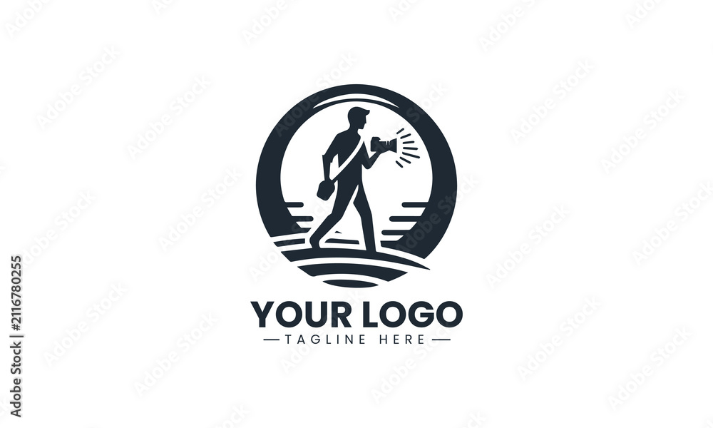 Fototapeta premium Black Vector Logo of Photographer Walking with Camera, Retro Line Art Character