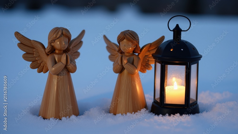 Fototapeta premium Wooden Angel Statues with Candle Lantern