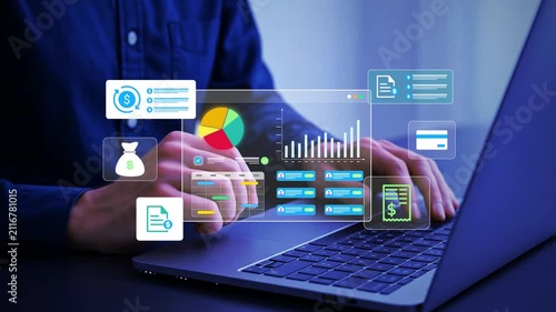 AI payroll system interface showing employee salary data, budgeting graphs, and monthly calendar used on laptop for digital finance management and automated compensation planning in business setup, 4k