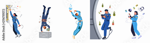 Foto Set of diverse astronauts performing various tasks in space, including repairs, science experiments, gardening, and technical operations in zero gravity